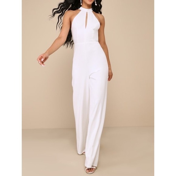 Lulus Pants - NWT Lulus Striking Elegance White Cutout Backless Halter Jumpsuit Medium
